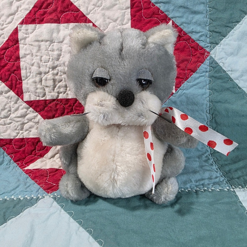 Vintage Dakin Fat Cat Plush Grey Striped Red Polka Dot White Neck Ribbon